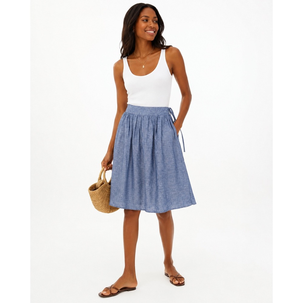 J.Crew Linen Chambray Skirt Sz 0 A-Line Preppy Coastal Grandmillennial Blue